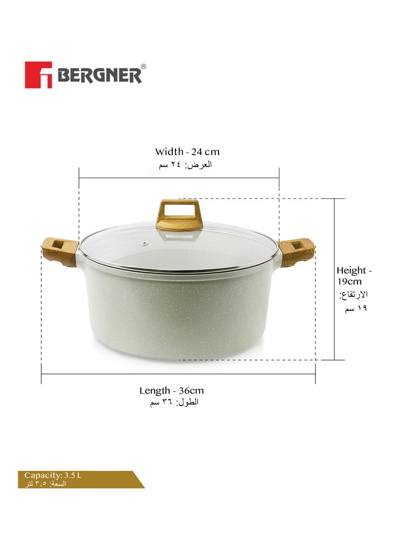 Bergner 24cm (3.5L) Cast Aluminum Casserole Dish with Glass Lid & Trivet, Non-Stick Marble Coating, Less Oil Use Healthy Cooking, Even Heating, Scratch Resistant, Induction & Gas Stove Compatible - Image 2